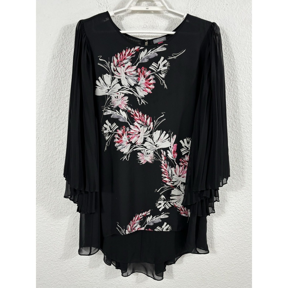 Vince Camuto Blouse Womens 1X Black Floral Tunic Sheer Accordion Sleeves Hi-Low